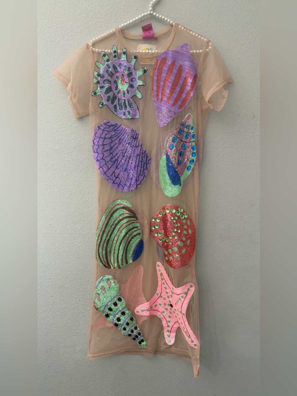 BRAND NEW • QUEEN OF SPARKLES • QOS • NUDE SLEEVES SEASHELLS SWIM COVER UP • XS